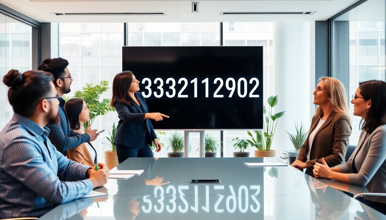 diverse professionals discussing the significance of a number in a modern office.