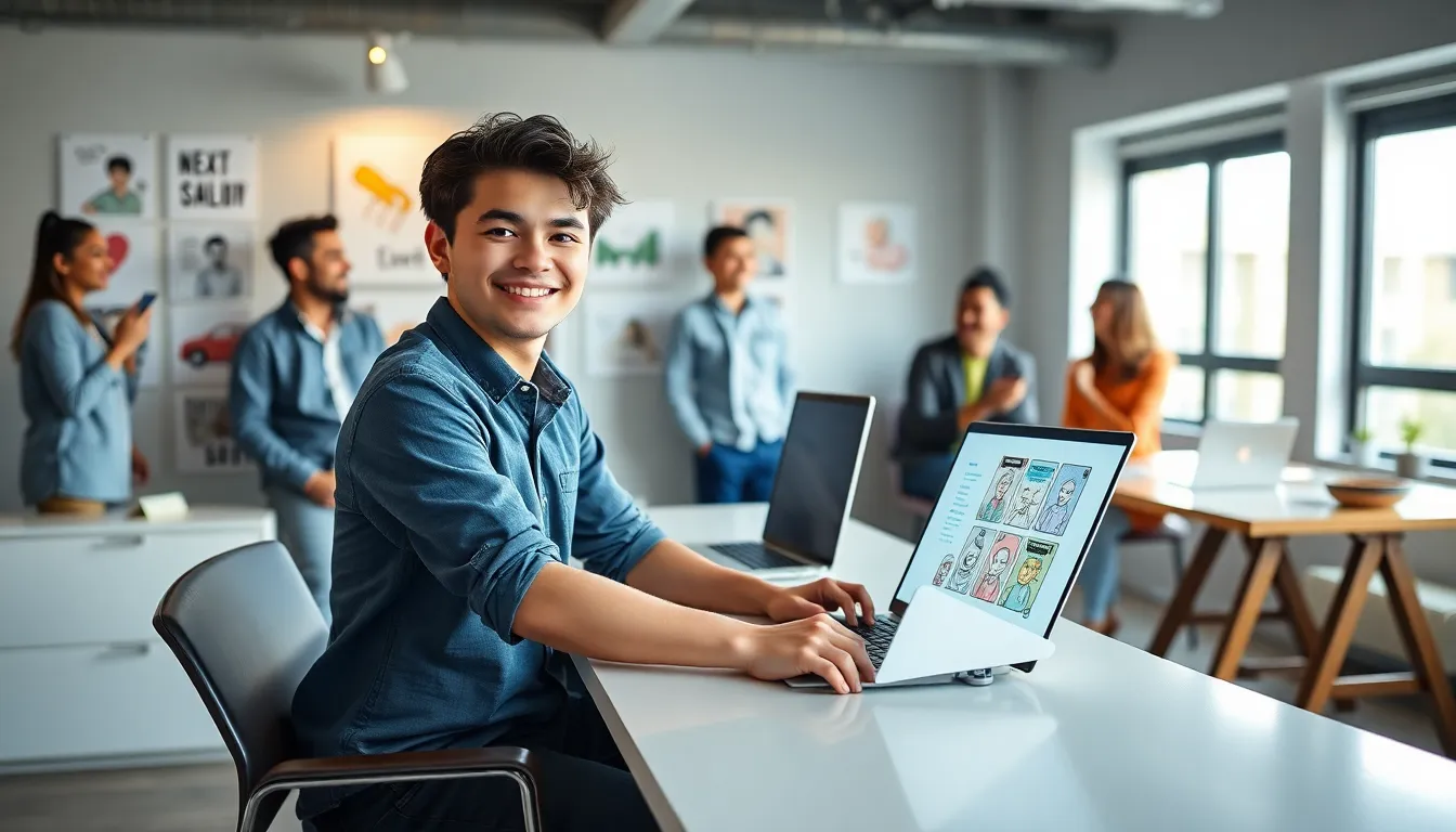 content creator Funnybunny3579 in a modern workspace with humorous elements.